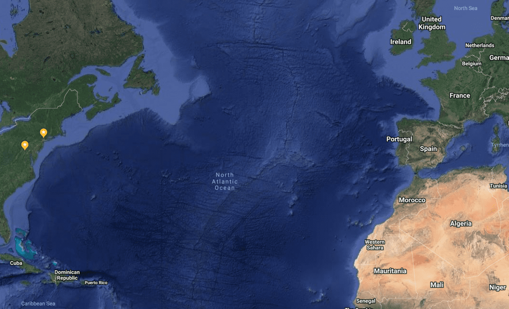 Working overseas, map of Atlantic Ocean