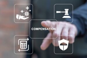 Man using virtual screen presses word: COMPENSATION
