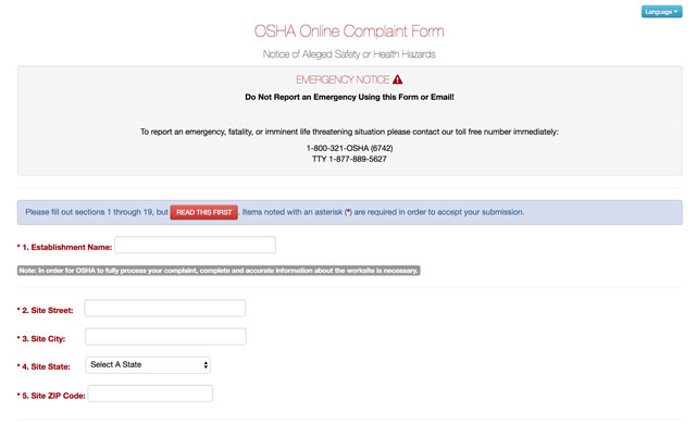 OSHA Violation Online Complaint