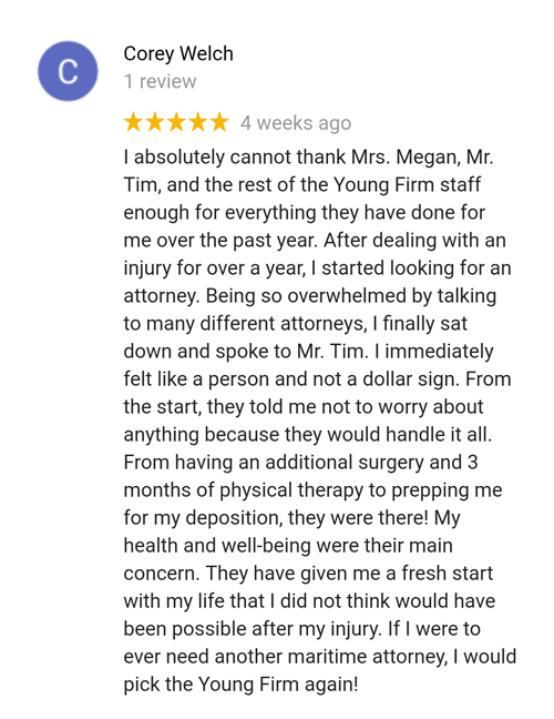 Former client Corey reviews maritime attorney Tim Young