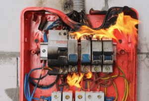 Exposed wires caught on fire