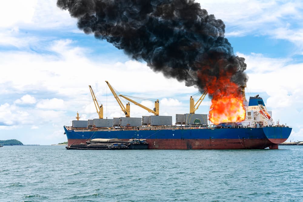 Large cargo ship engulfed in fire and smoke at sea during an explosion on a bright day.