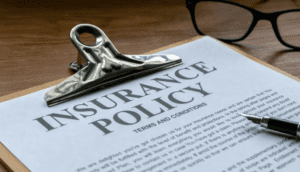 Clipboard showing insurance policy terms and conditions.